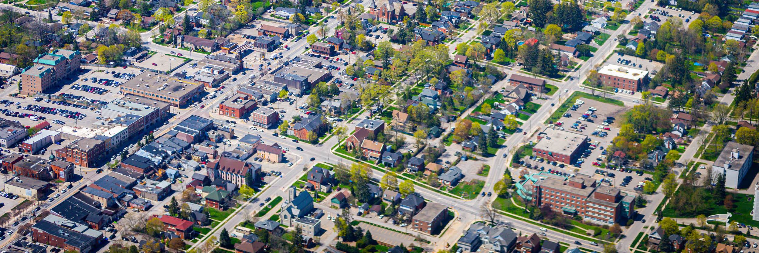 Aerial view of commercial buildings in Orangeville