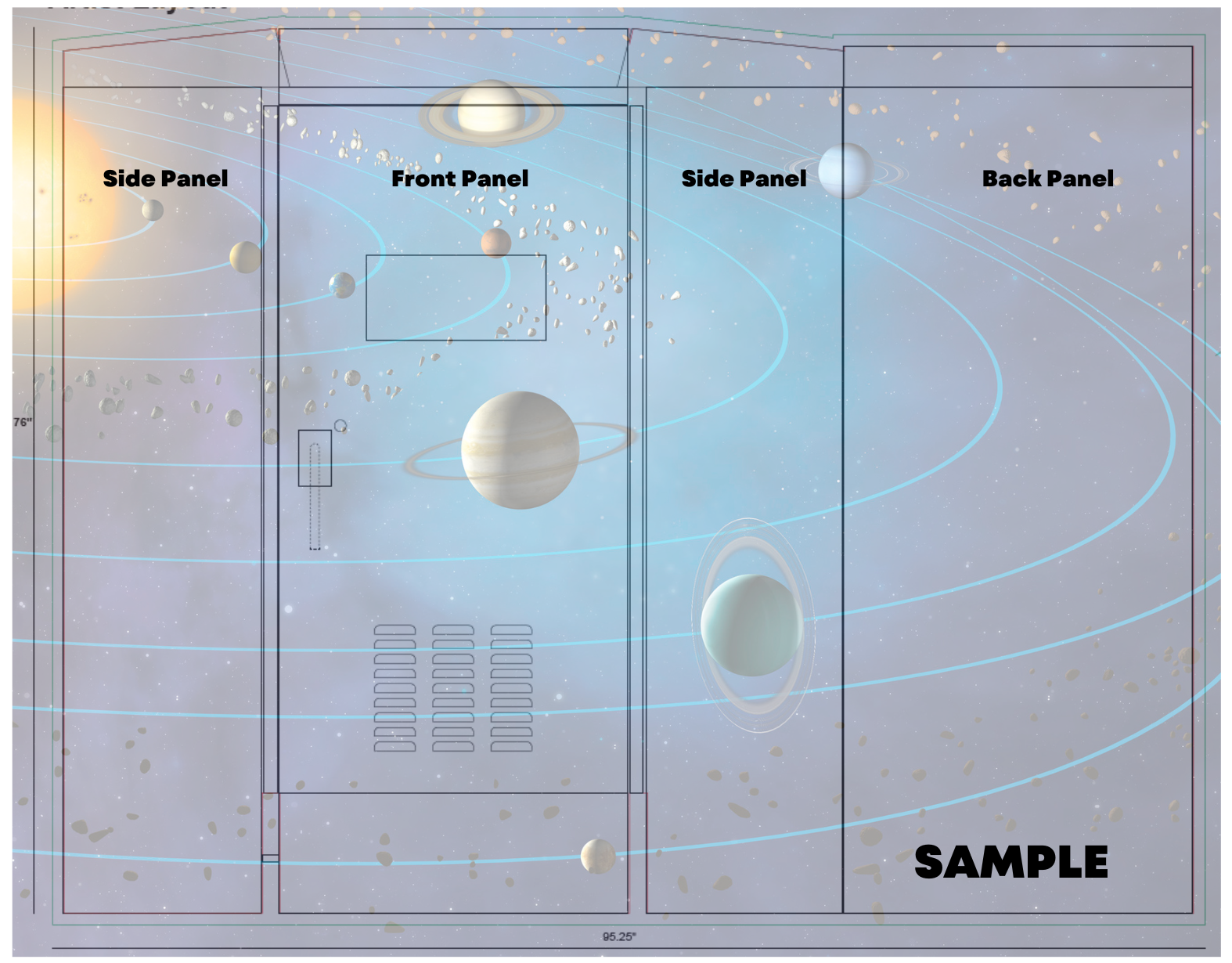 An overlay of the solar system on a template of a utility box